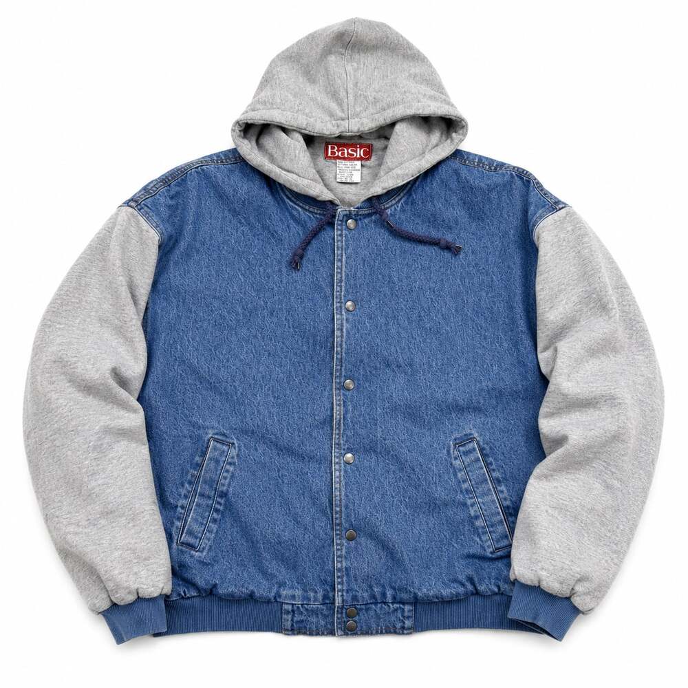 Basic Vintage 90s Hooded Denim Bomber Jacket with Sweatshirt Sleeves